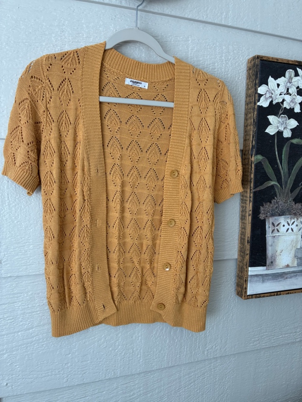 Open-Knit Short Sleeve Cardigan Sweater in Mustard